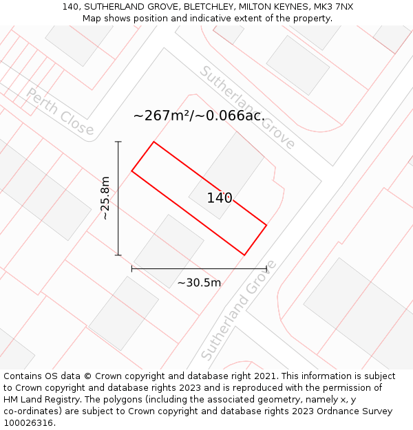 140, SUTHERLAND GROVE, BLETCHLEY, MILTON KEYNES, MK3 7NX: Plot and title map