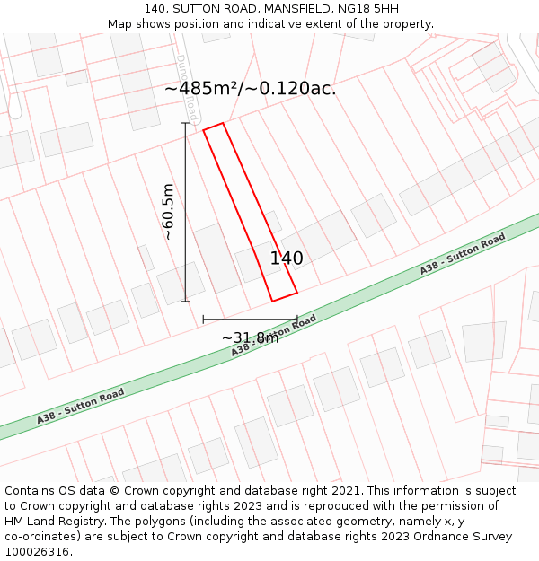 140, SUTTON ROAD, MANSFIELD, NG18 5HH: Plot and title map