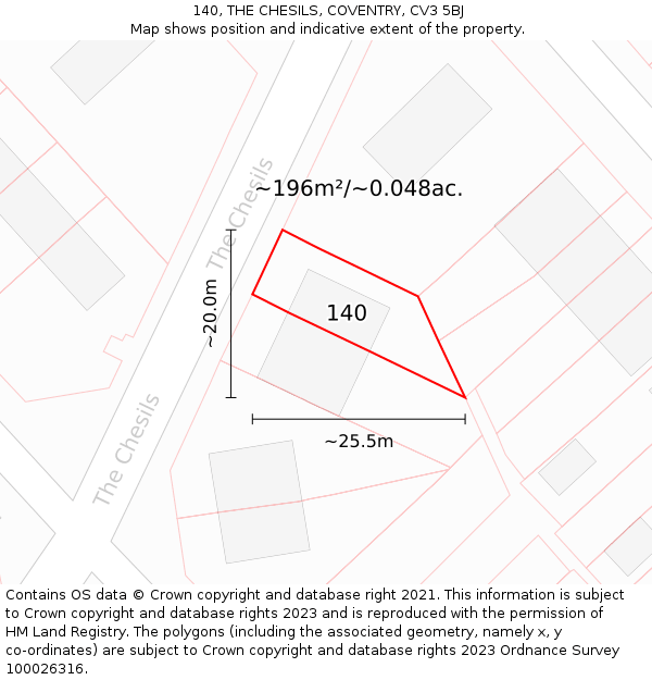 140, THE CHESILS, COVENTRY, CV3 5BJ: Plot and title map