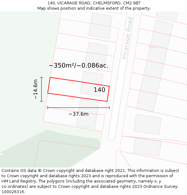 140, VICARAGE ROAD, CHELMSFORD, CM2 9BT: Plot and title map