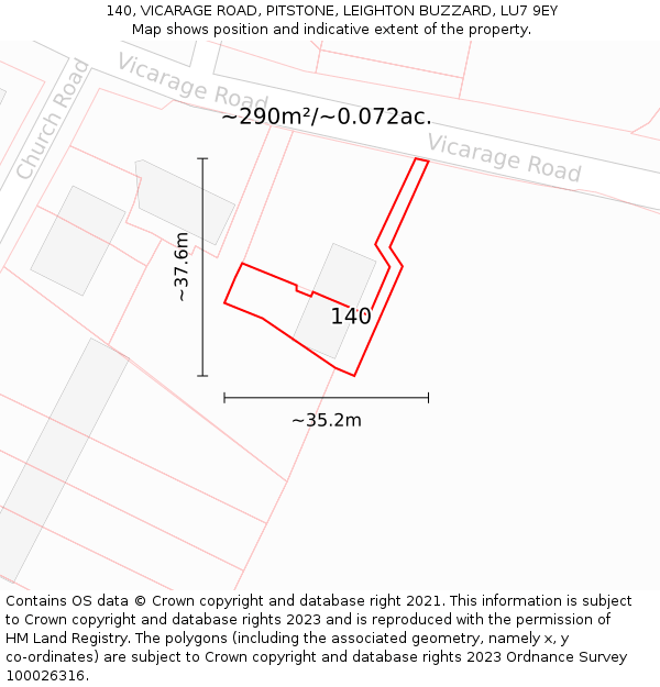 140, VICARAGE ROAD, PITSTONE, LEIGHTON BUZZARD, LU7 9EY: Plot and title map