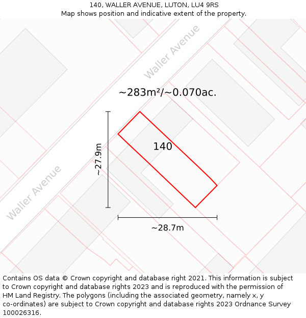 140, WALLER AVENUE, LUTON, LU4 9RS: Plot and title map