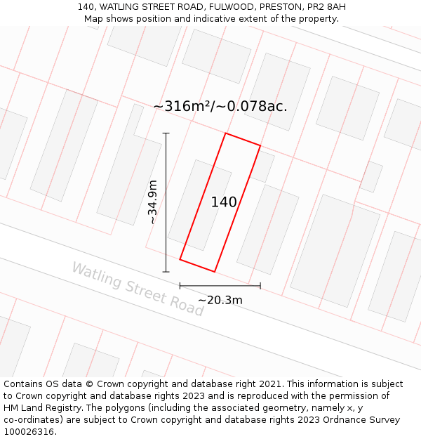 140, WATLING STREET ROAD, FULWOOD, PRESTON, PR2 8AH: Plot and title map