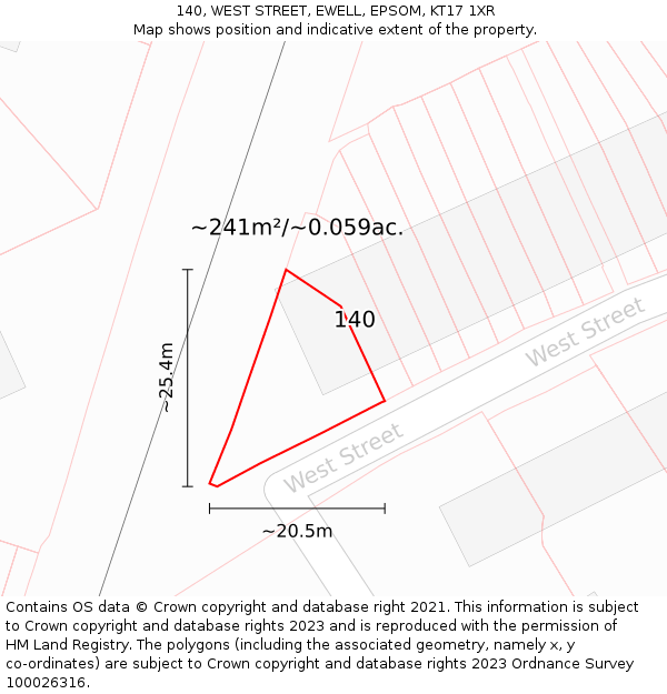 140, WEST STREET, EWELL, EPSOM, KT17 1XR: Plot and title map