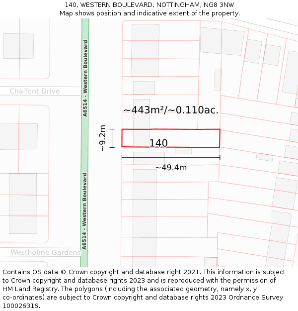 140, WESTERN BOULEVARD, NOTTINGHAM, NG8 3NW: Plot and title map