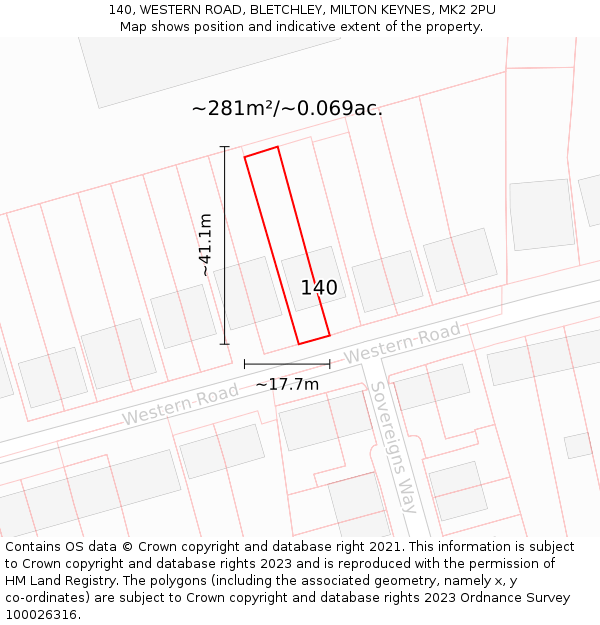 140, WESTERN ROAD, BLETCHLEY, MILTON KEYNES, MK2 2PU: Plot and title map