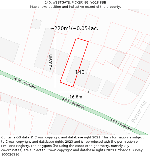140, WESTGATE, PICKERING, YO18 8BB: Plot and title map