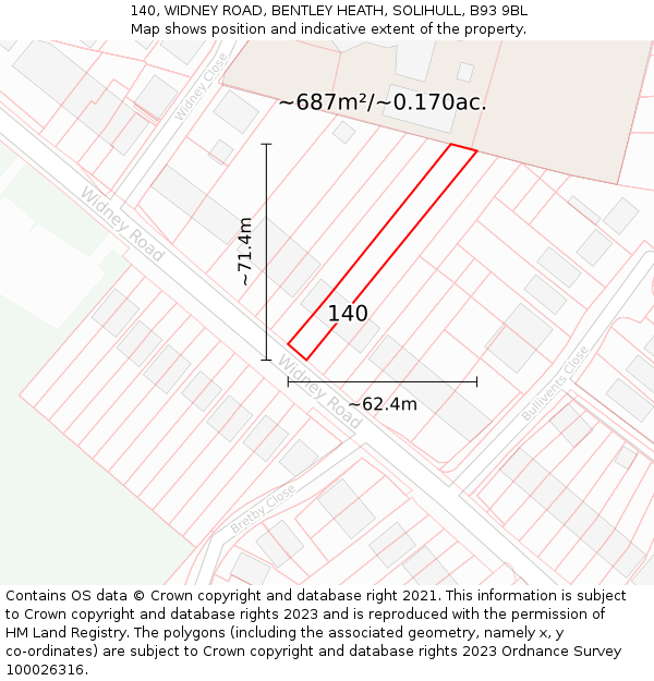 140, WIDNEY ROAD, BENTLEY HEATH, SOLIHULL, B93 9BL: Plot and title map