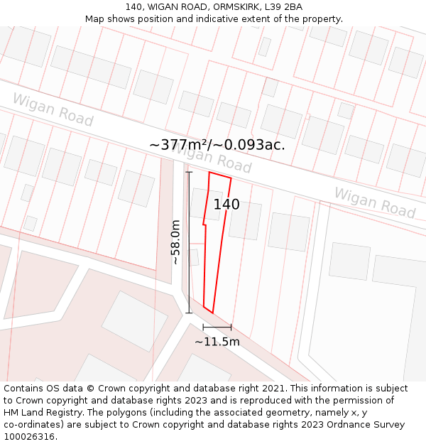 140, WIGAN ROAD, ORMSKIRK, L39 2BA: Plot and title map