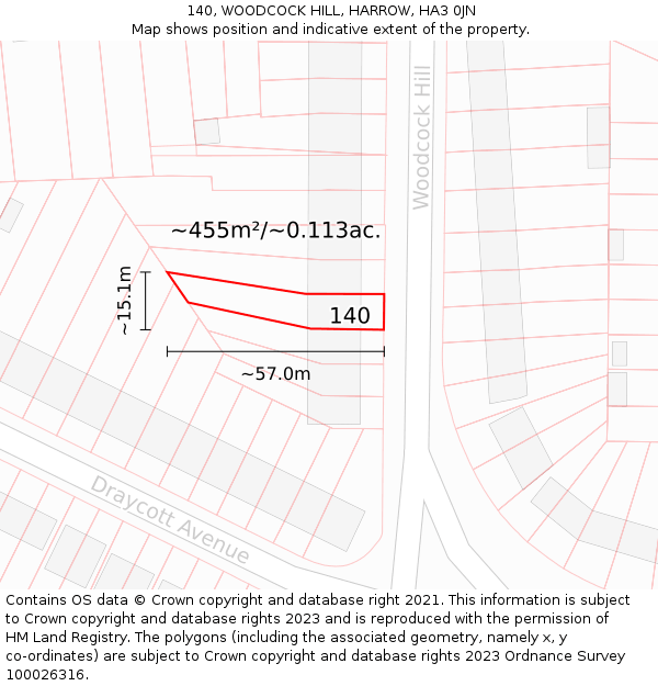 140, WOODCOCK HILL, HARROW, HA3 0JN: Plot and title map