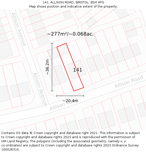 141, ALLISON ROAD, BRISTOL, BS4 4PG: Plot and title map