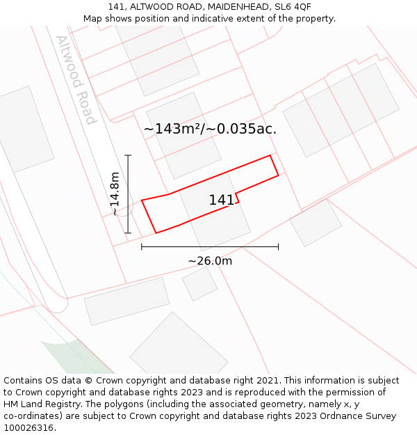 141, ALTWOOD ROAD, MAIDENHEAD, SL6 4QF: Plot and title map