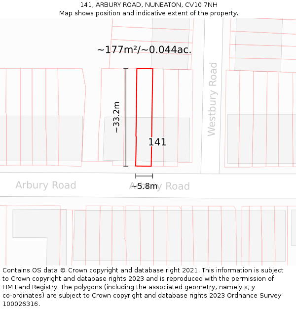 141, ARBURY ROAD, NUNEATON, CV10 7NH: Plot and title map