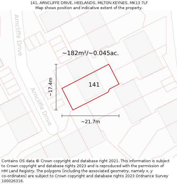 141, ARNCLIFFE DRIVE, HEELANDS, MILTON KEYNES, MK13 7LF: Plot and title map
