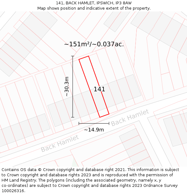 141, BACK HAMLET, IPSWICH, IP3 8AW: Plot and title map