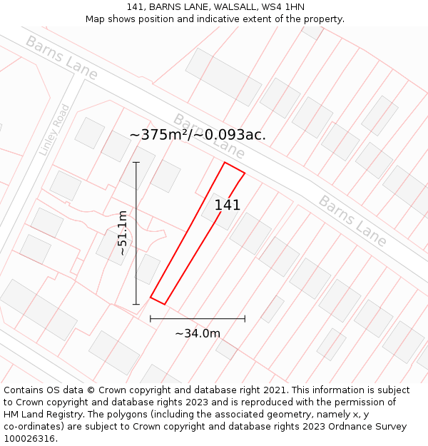 141, BARNS LANE, WALSALL, WS4 1HN: Plot and title map