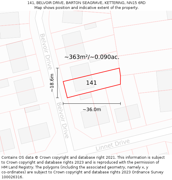 141, BELVOIR DRIVE, BARTON SEAGRAVE, KETTERING, NN15 6RD: Plot and title map