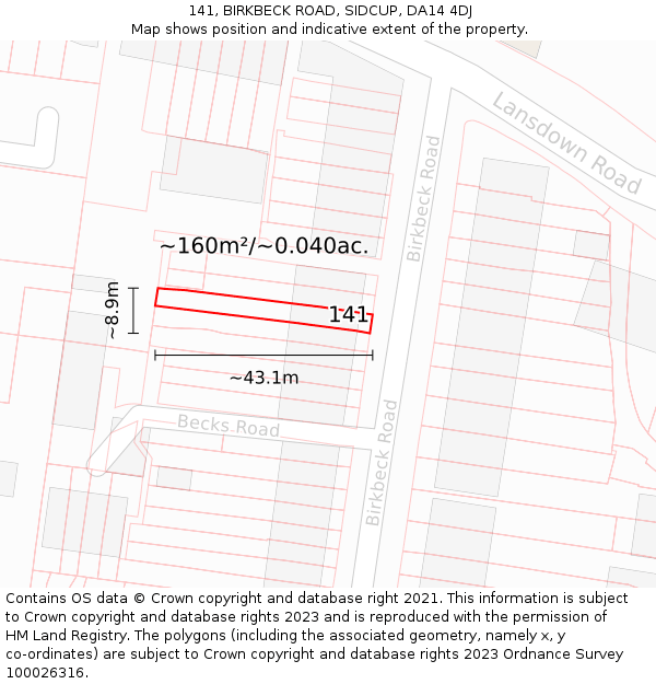 141, BIRKBECK ROAD, SIDCUP, DA14 4DJ: Plot and title map