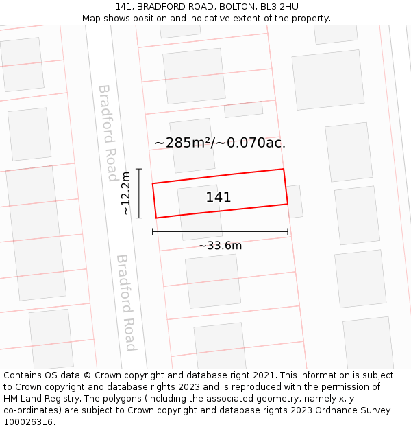 141, BRADFORD ROAD, BOLTON, BL3 2HU: Plot and title map
