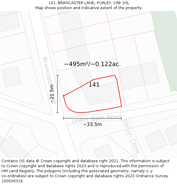 141, BRANCASTER LANE, PURLEY, CR8 1HL: Plot and title map