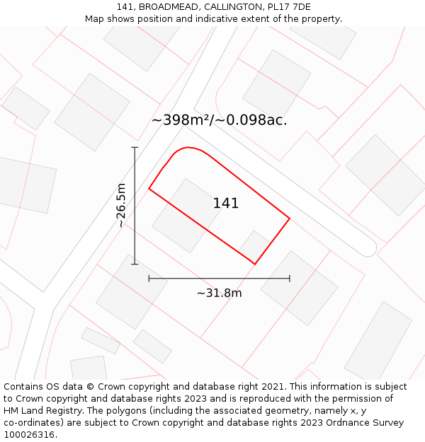 141, BROADMEAD, CALLINGTON, PL17 7DE: Plot and title map