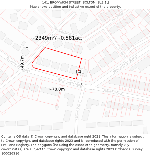 141, BROMWICH STREET, BOLTON, BL2 1LJ: Plot and title map
