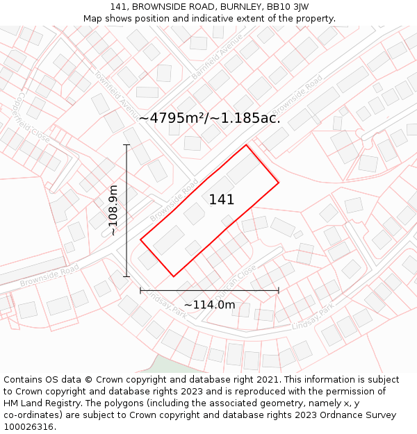 141, BROWNSIDE ROAD, BURNLEY, BB10 3JW: Plot and title map