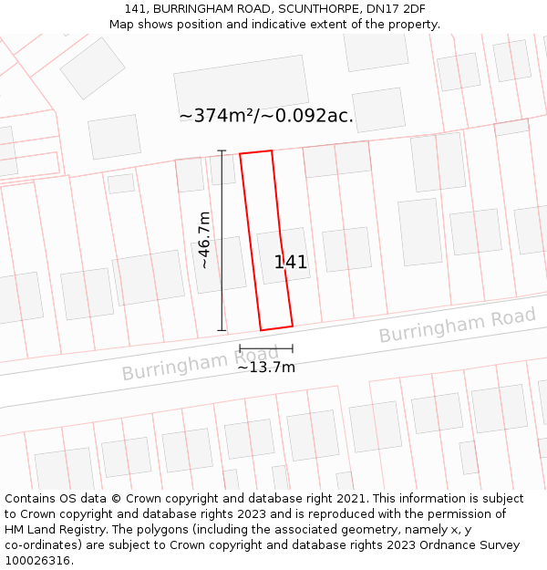 141, BURRINGHAM ROAD, SCUNTHORPE, DN17 2DF: Plot and title map