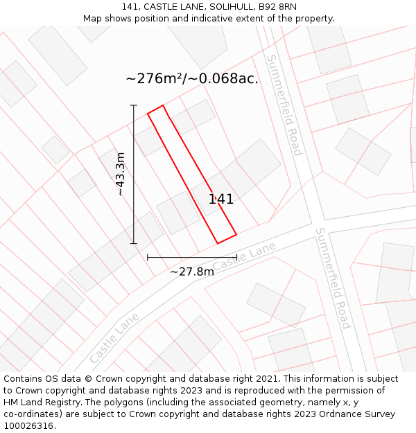 141, CASTLE LANE, SOLIHULL, B92 8RN: Plot and title map