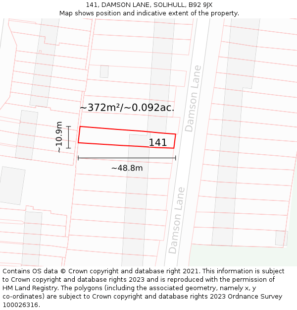141, DAMSON LANE, SOLIHULL, B92 9JX: Plot and title map