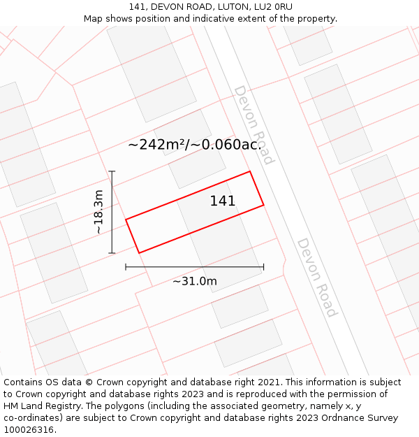 141, DEVON ROAD, LUTON, LU2 0RU: Plot and title map