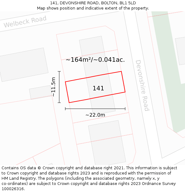 141, DEVONSHIRE ROAD, BOLTON, BL1 5LD: Plot and title map