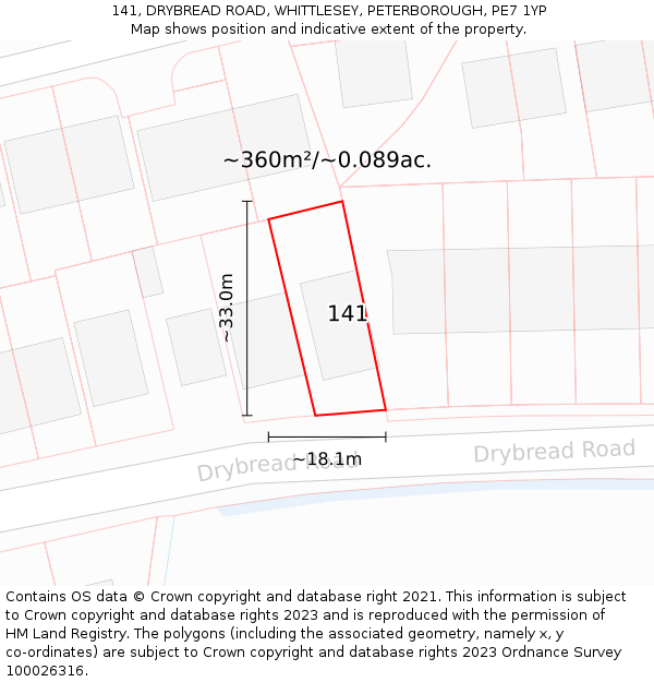 141, DRYBREAD ROAD, WHITTLESEY, PETERBOROUGH, PE7 1YP: Plot and title map