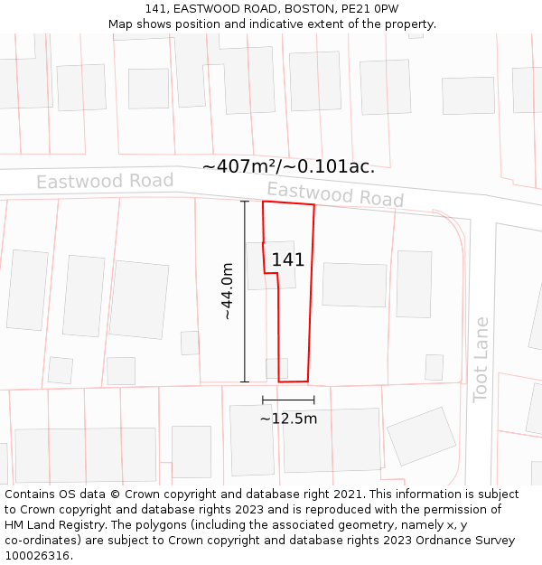 141, EASTWOOD ROAD, BOSTON, PE21 0PW: Plot and title map