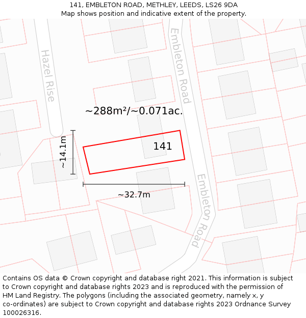 141, EMBLETON ROAD, METHLEY, LEEDS, LS26 9DA: Plot and title map