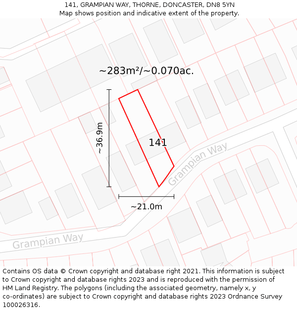 141, GRAMPIAN WAY, THORNE, DONCASTER, DN8 5YN: Plot and title map