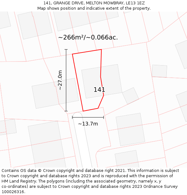 141, GRANGE DRIVE, MELTON MOWBRAY, LE13 1EZ: Plot and title map