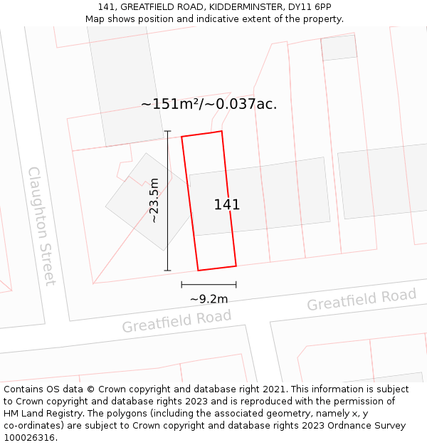 141, GREATFIELD ROAD, KIDDERMINSTER, DY11 6PP: Plot and title map