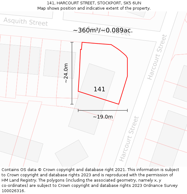 141, HARCOURT STREET, STOCKPORT, SK5 6UN: Plot and title map