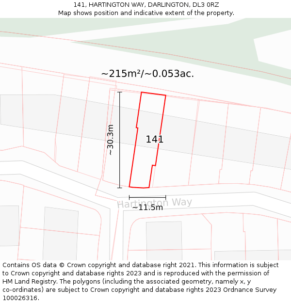 141, HARTINGTON WAY, DARLINGTON, DL3 0RZ: Plot and title map