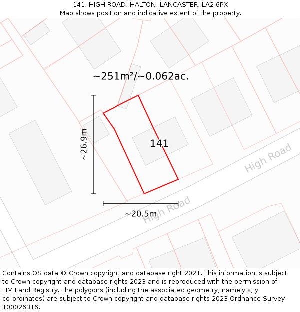 141, HIGH ROAD, HALTON, LANCASTER, LA2 6PX: Plot and title map
