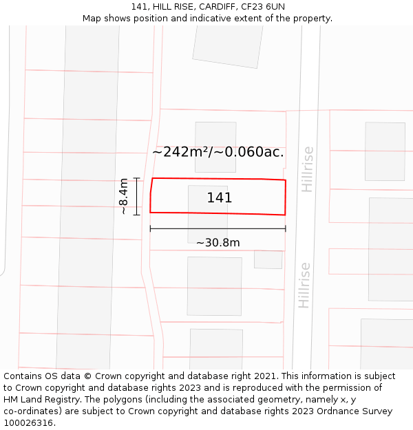 141, HILL RISE, CARDIFF, CF23 6UN: Plot and title map