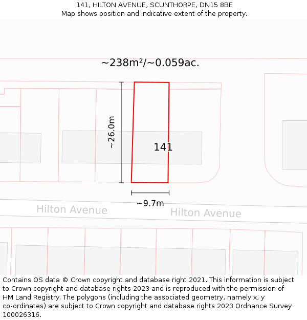 141, HILTON AVENUE, SCUNTHORPE, DN15 8BE: Plot and title map