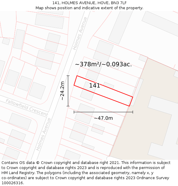 141, HOLMES AVENUE, HOVE, BN3 7LF: Plot and title map