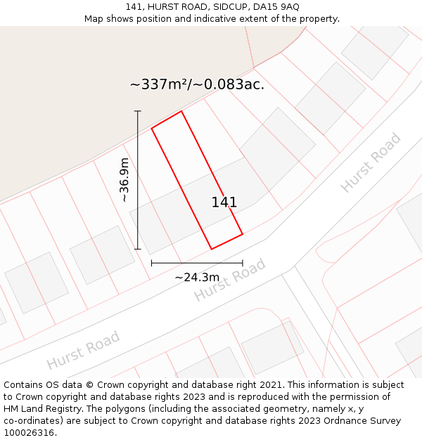 141, HURST ROAD, SIDCUP, DA15 9AQ: Plot and title map
