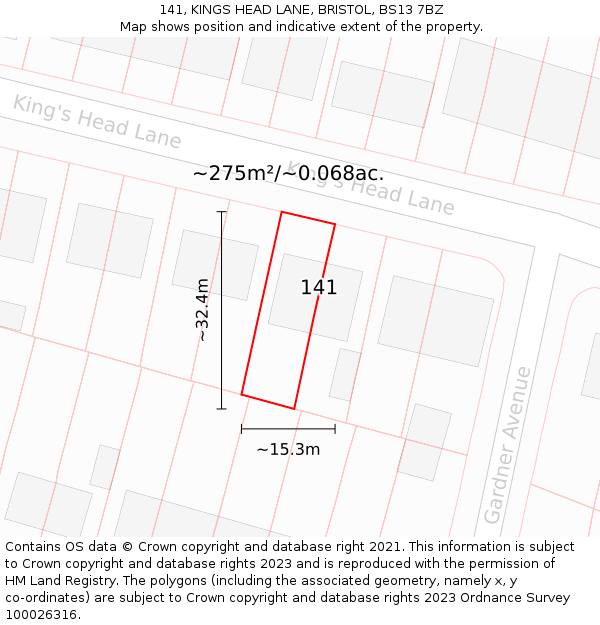 141, KINGS HEAD LANE, BRISTOL, BS13 7BZ: Plot and title map