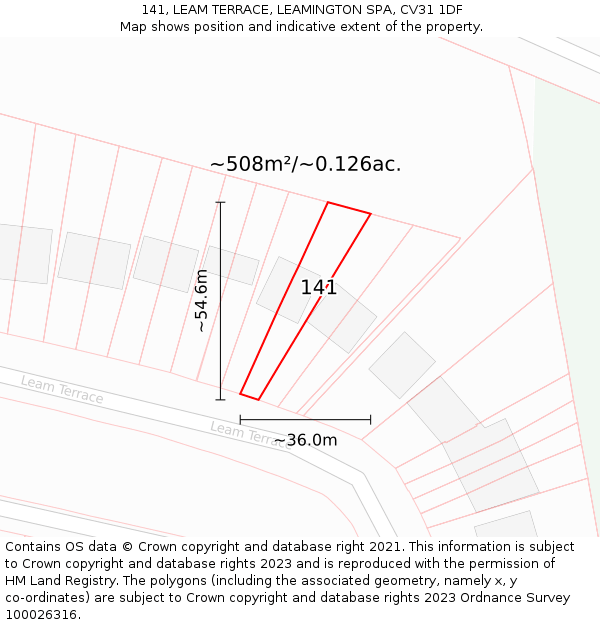 141, LEAM TERRACE, LEAMINGTON SPA, CV31 1DF: Plot and title map