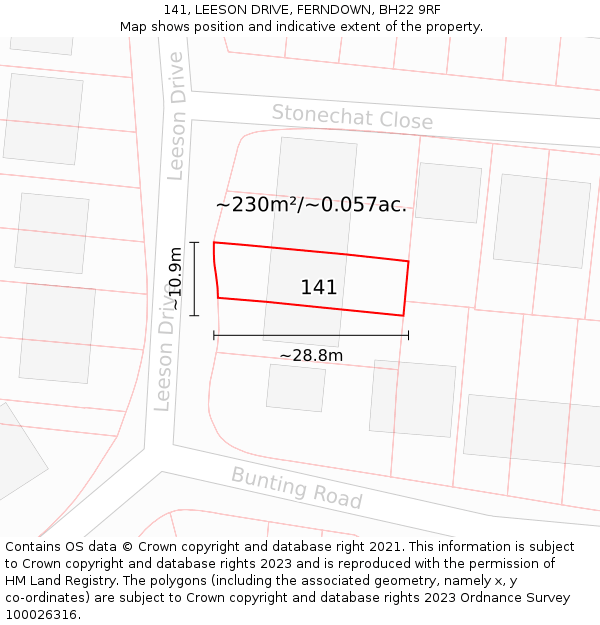 141, LEESON DRIVE, FERNDOWN, BH22 9RF: Plot and title map