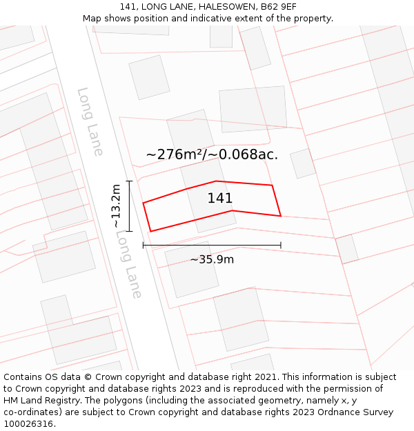 141, LONG LANE, HALESOWEN, B62 9EF: Plot and title map