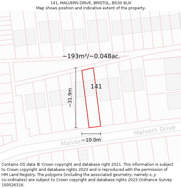 141, MALVERN DRIVE, BRISTOL, BS30 8UX: Plot and title map